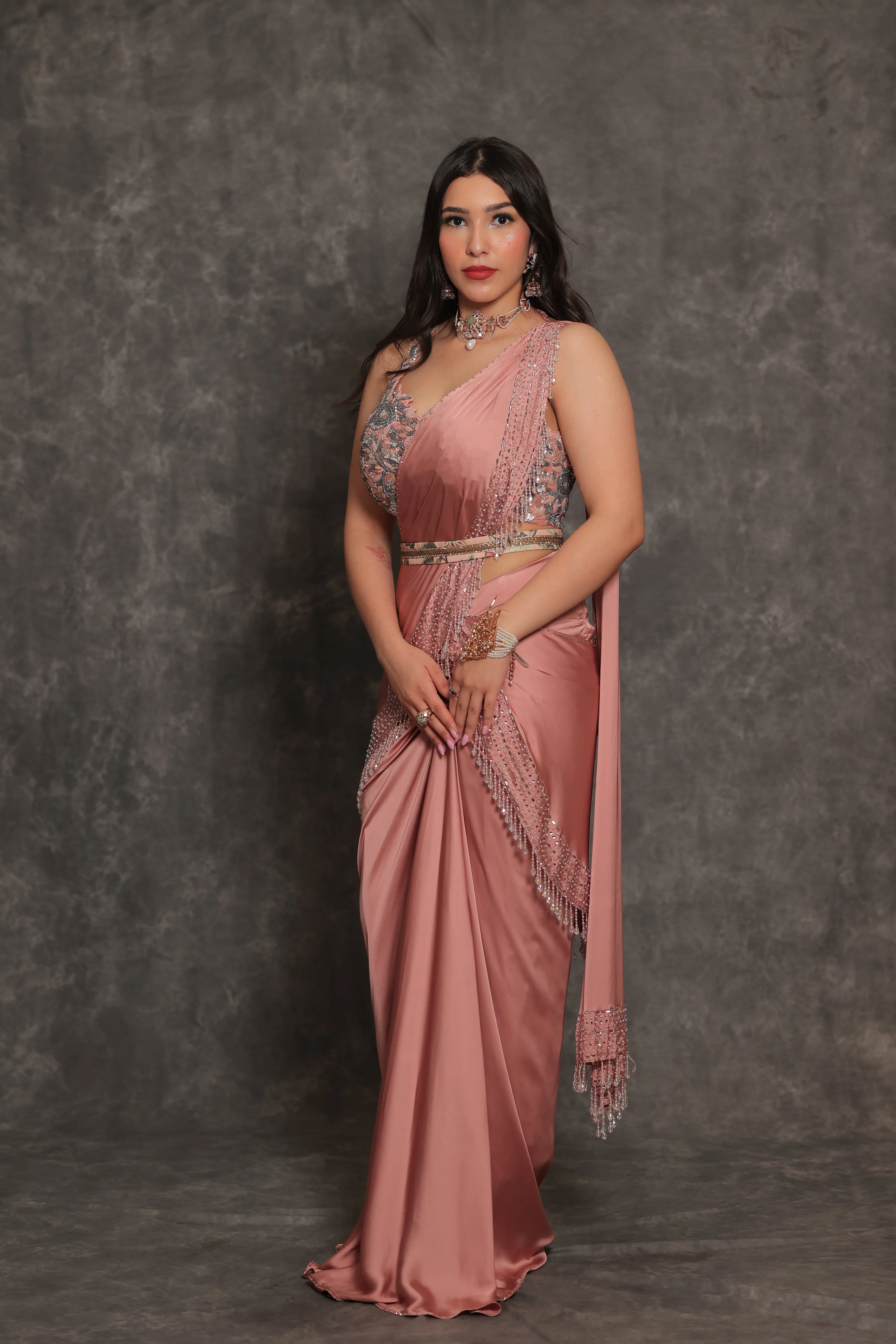 Pale Pink Stitched Saree Set