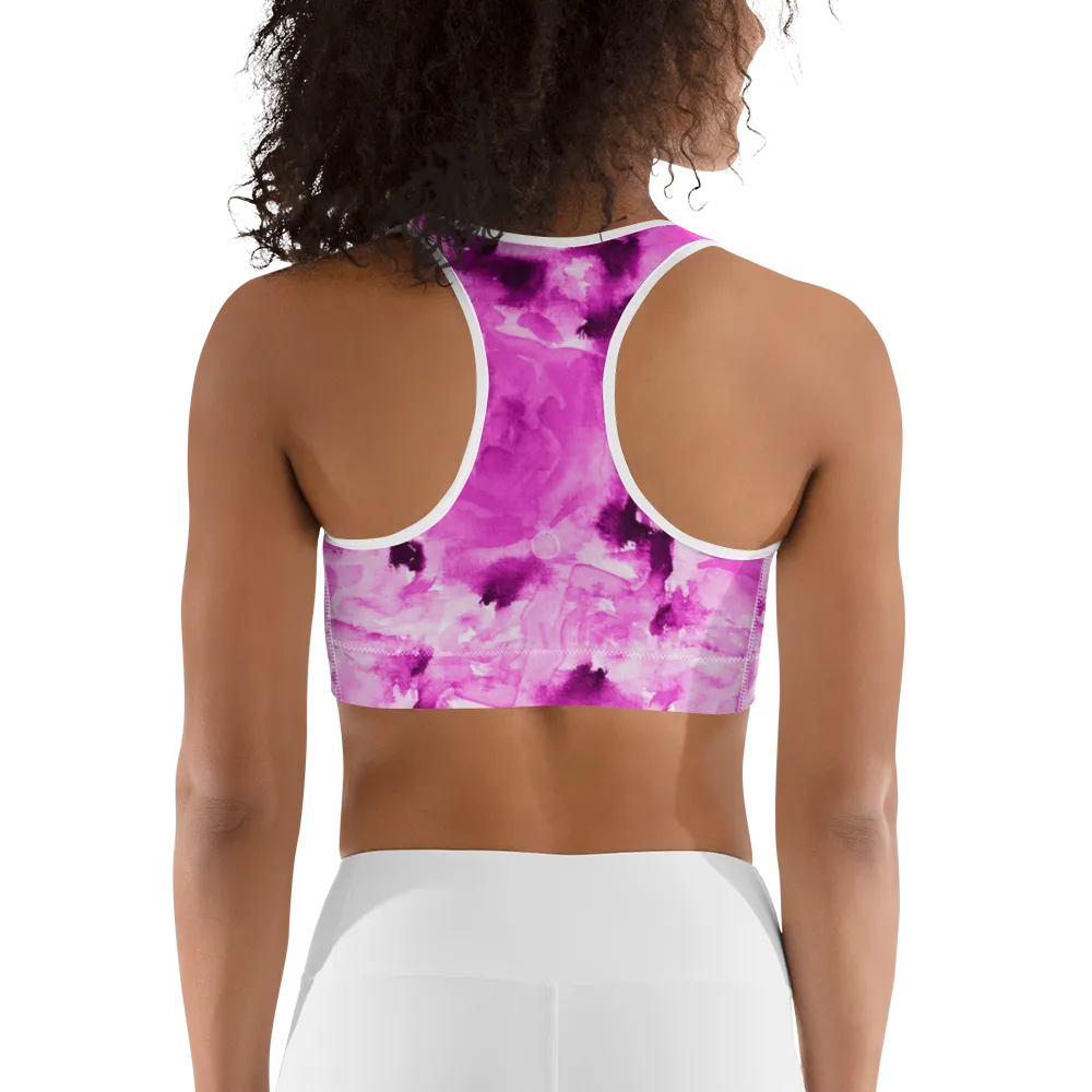 Pink Floral Rose Sports Bra, Premium Spandex Luxury Bra -Made in USA (US Size: XS-2XL)