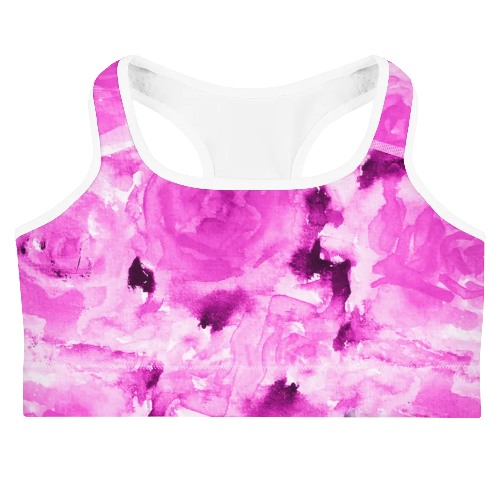 Pink Floral Rose Sports Bra, Premium Spandex Luxury Bra -Made in USA (US Size: XS-2XL)