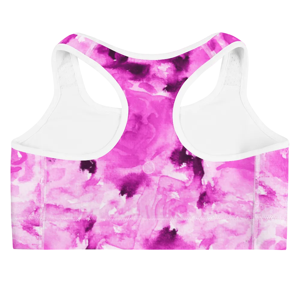 Pink Floral Rose Sports Bra, Premium Spandex Luxury Bra -Made in USA (US Size: XS-2XL)