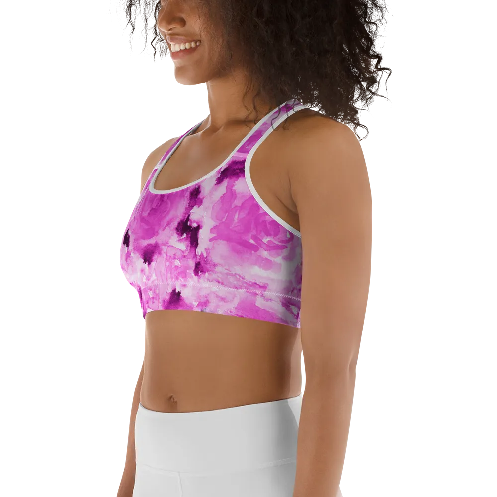 Pink Floral Rose Sports Bra, Premium Spandex Luxury Bra -Made in USA (US Size: XS-2XL)