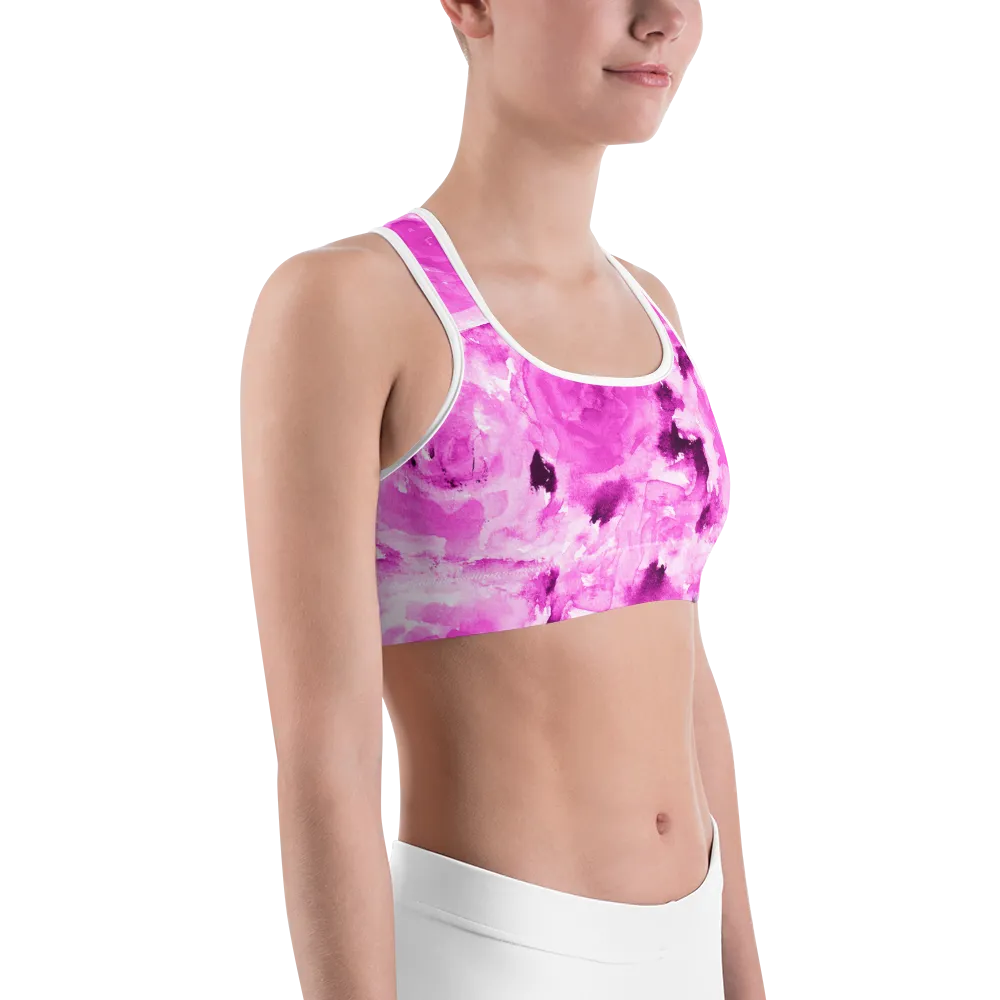 Pink Floral Rose Sports Bra, Premium Spandex Luxury Bra -Made in USA (US Size: XS-2XL)