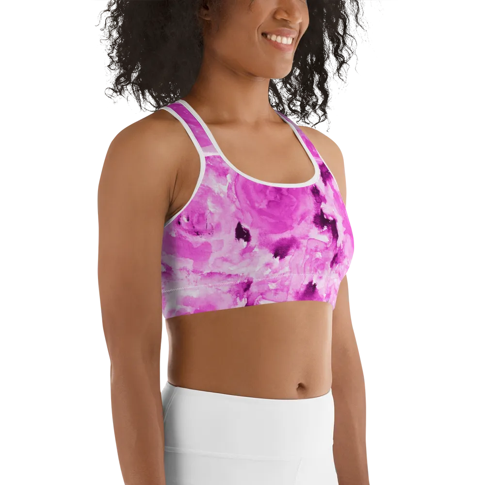 Pink Floral Rose Sports Bra, Premium Spandex Luxury Bra -Made in USA (US Size: XS-2XL)