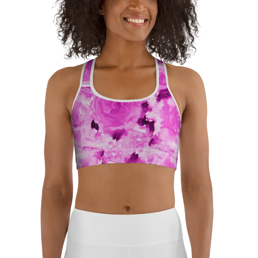 Pink Floral Rose Sports Bra, Premium Spandex Luxury Bra -Made in USA (US Size: XS-2XL)