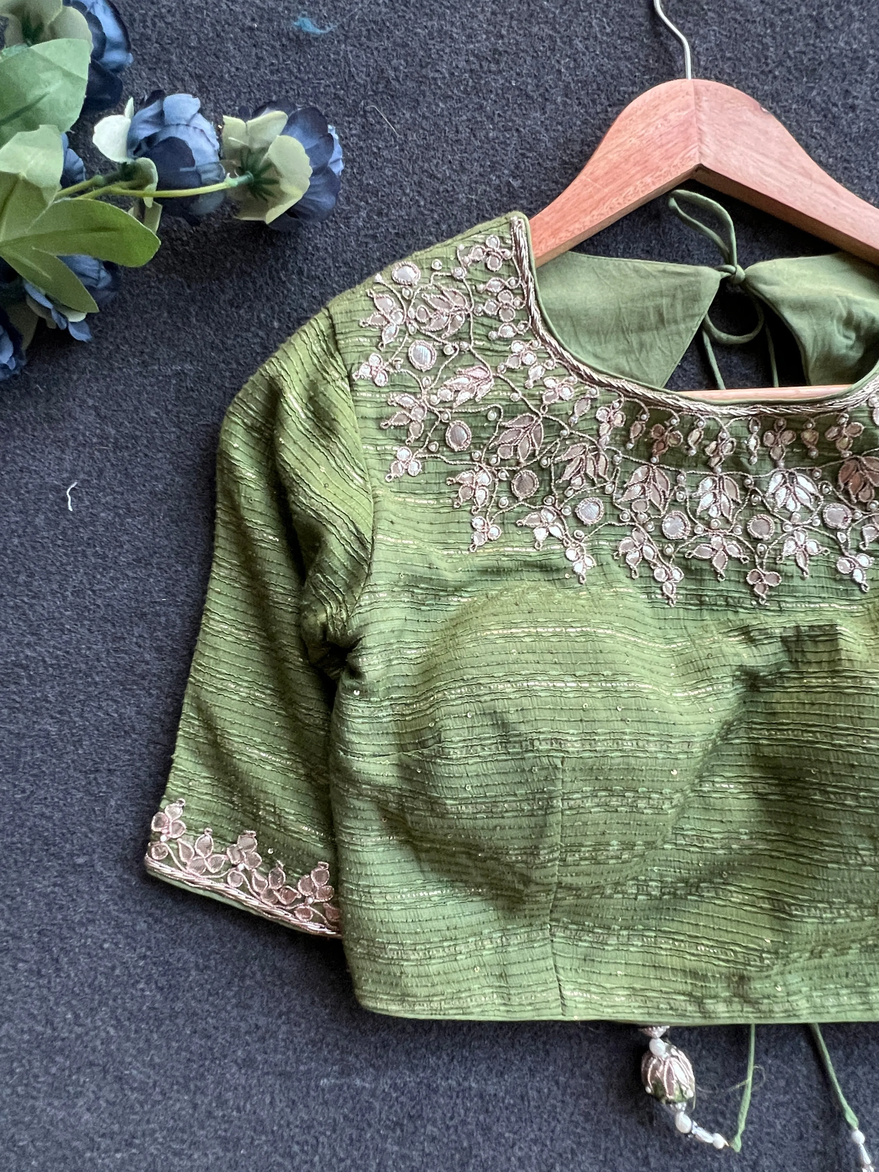 Pista green embroidery work blouse