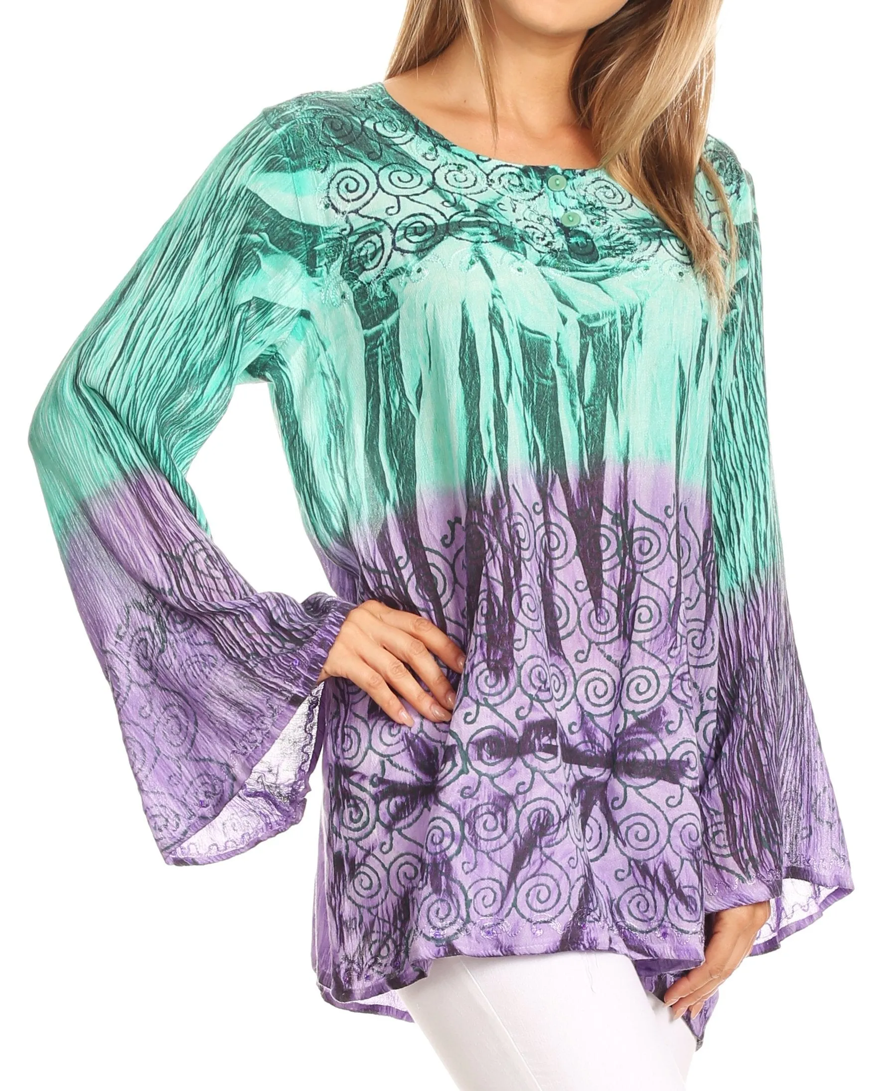 Sakkas Janel Long Bell Sleeve Tie Dye Blouse with Sequins and Embroidery