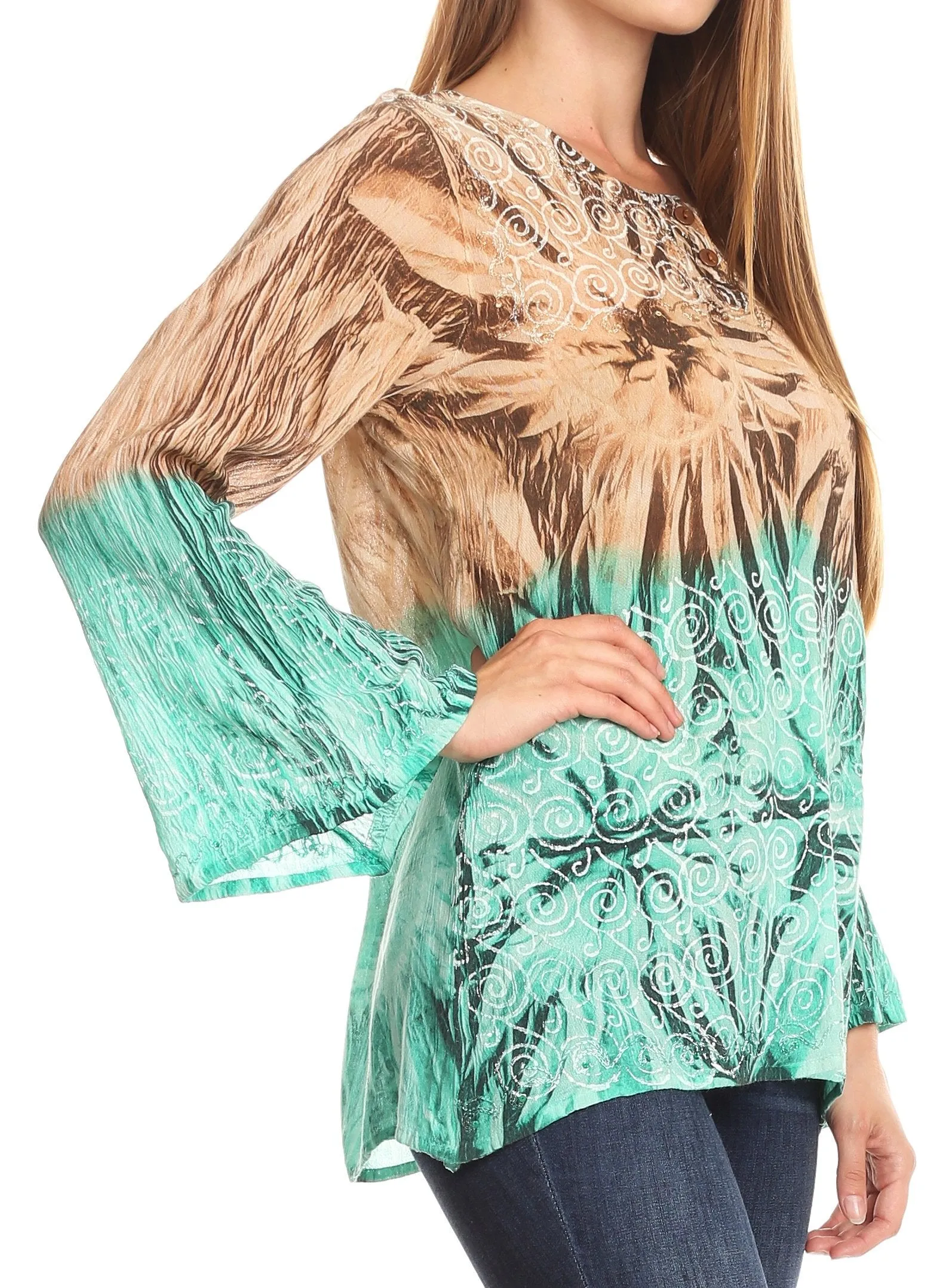 Sakkas Janel Long Bell Sleeve Tie Dye Blouse with Sequins and Embroidery