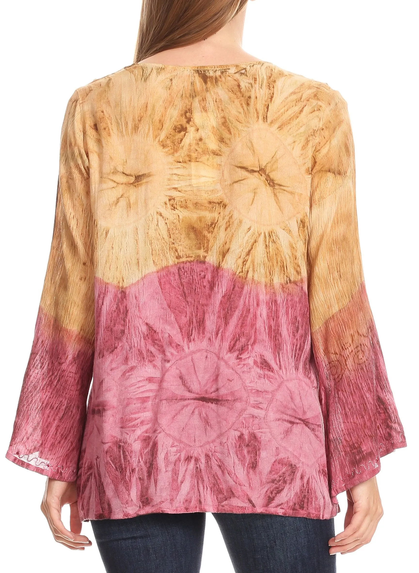 Sakkas Janel Long Bell Sleeve Tie Dye Blouse with Sequins and Embroidery