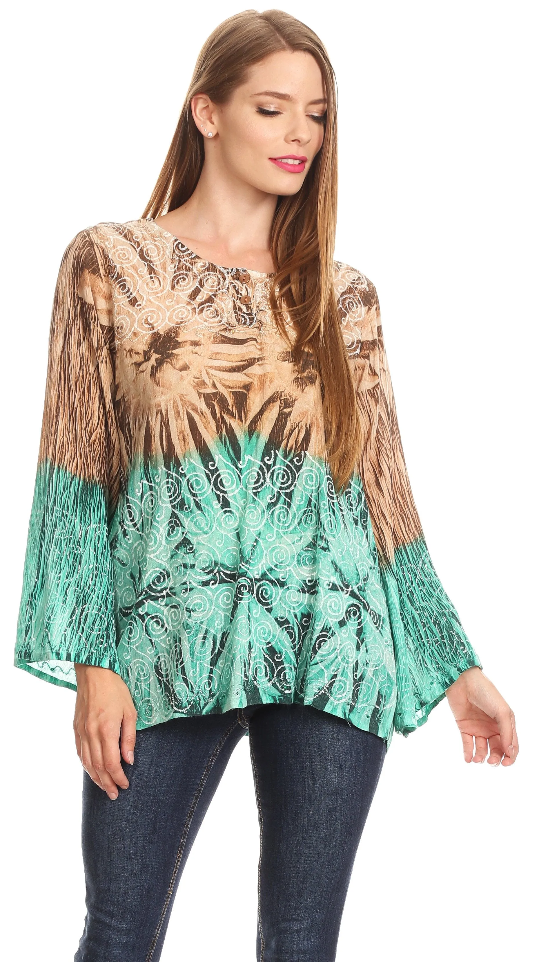 Sakkas Janel Long Bell Sleeve Tie Dye Blouse with Sequins and Embroidery
