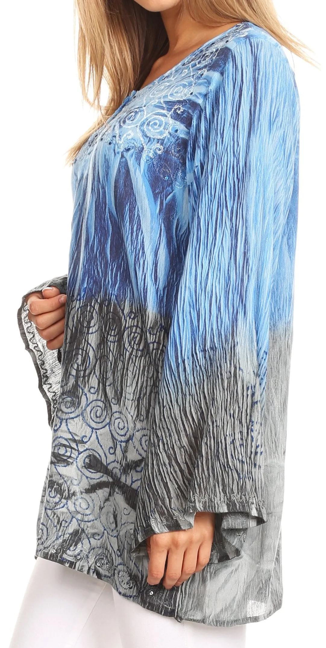Sakkas Janel Long Bell Sleeve Tie Dye Blouse with Sequins and Embroidery