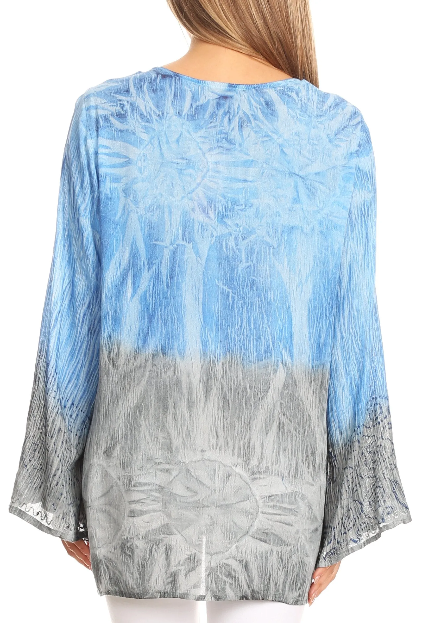 Sakkas Janel Long Bell Sleeve Tie Dye Blouse with Sequins and Embroidery