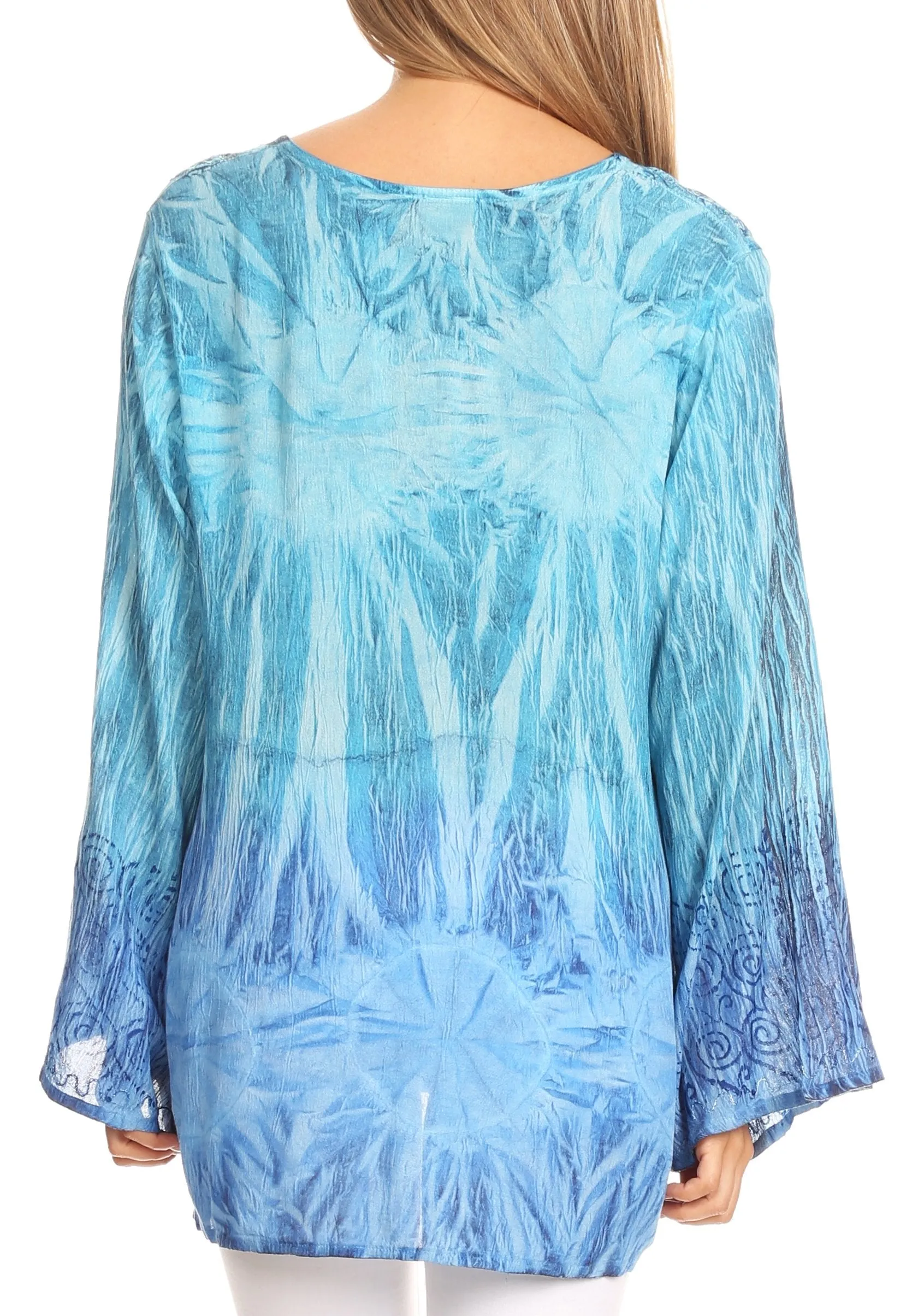 Sakkas Janel Long Bell Sleeve Tie Dye Blouse with Sequins and Embroidery