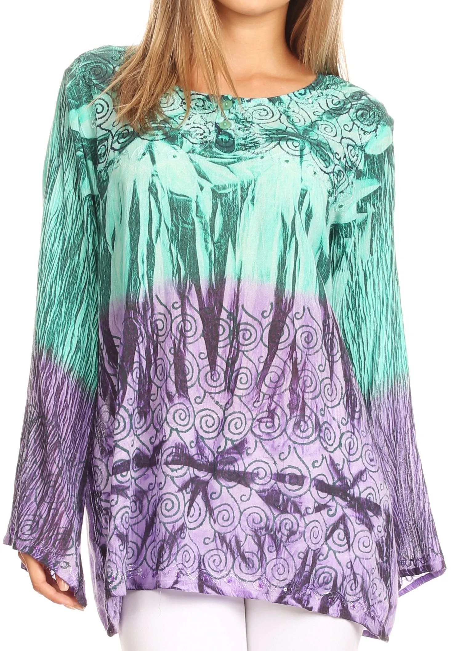 Sakkas Janel Long Bell Sleeve Tie Dye Blouse with Sequins and Embroidery