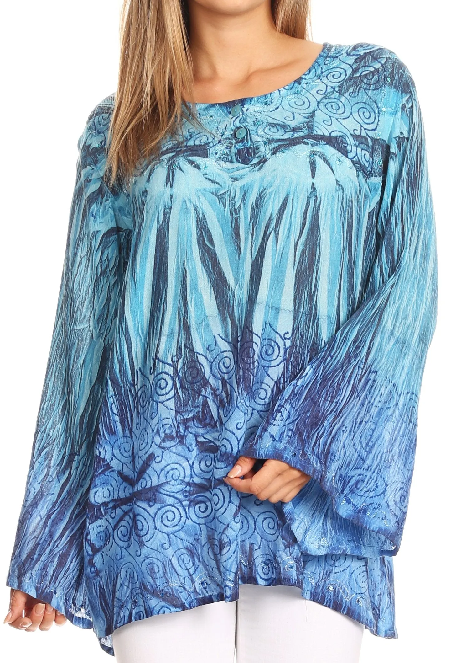 Sakkas Janel Long Bell Sleeve Tie Dye Blouse with Sequins and Embroidery