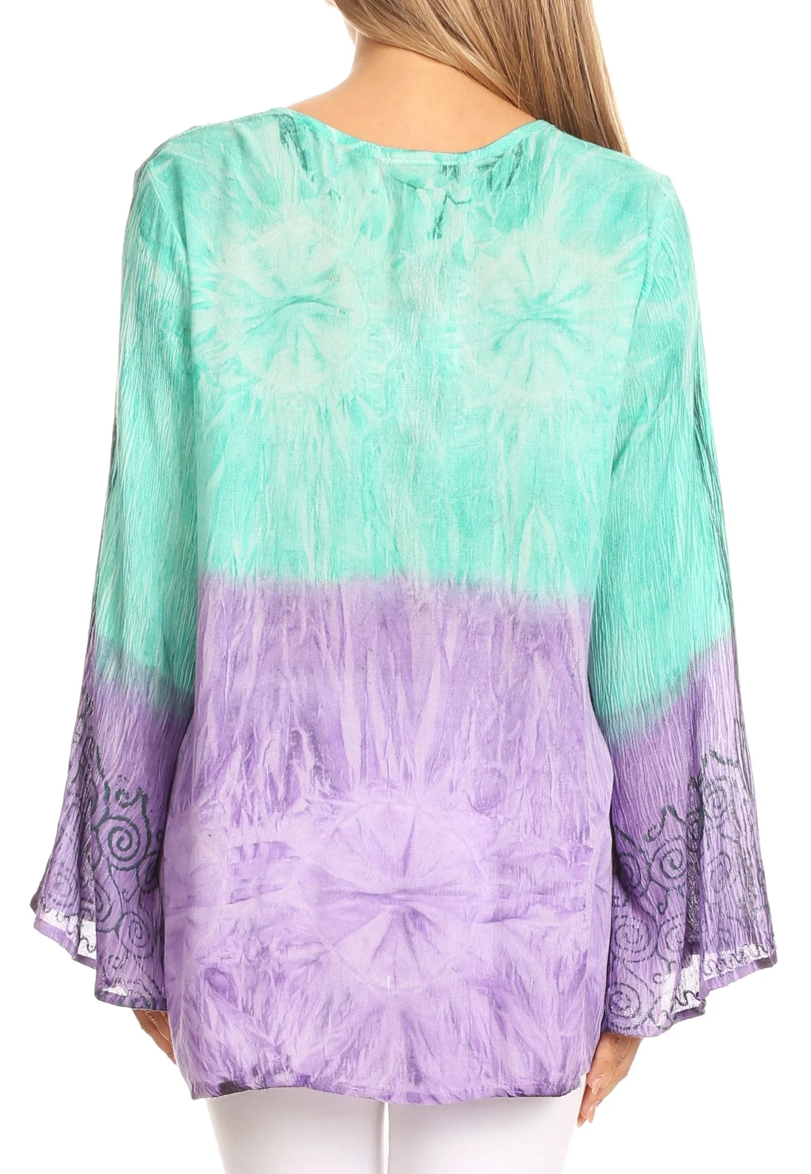 Sakkas Janel Long Bell Sleeve Tie Dye Blouse with Sequins and Embroidery