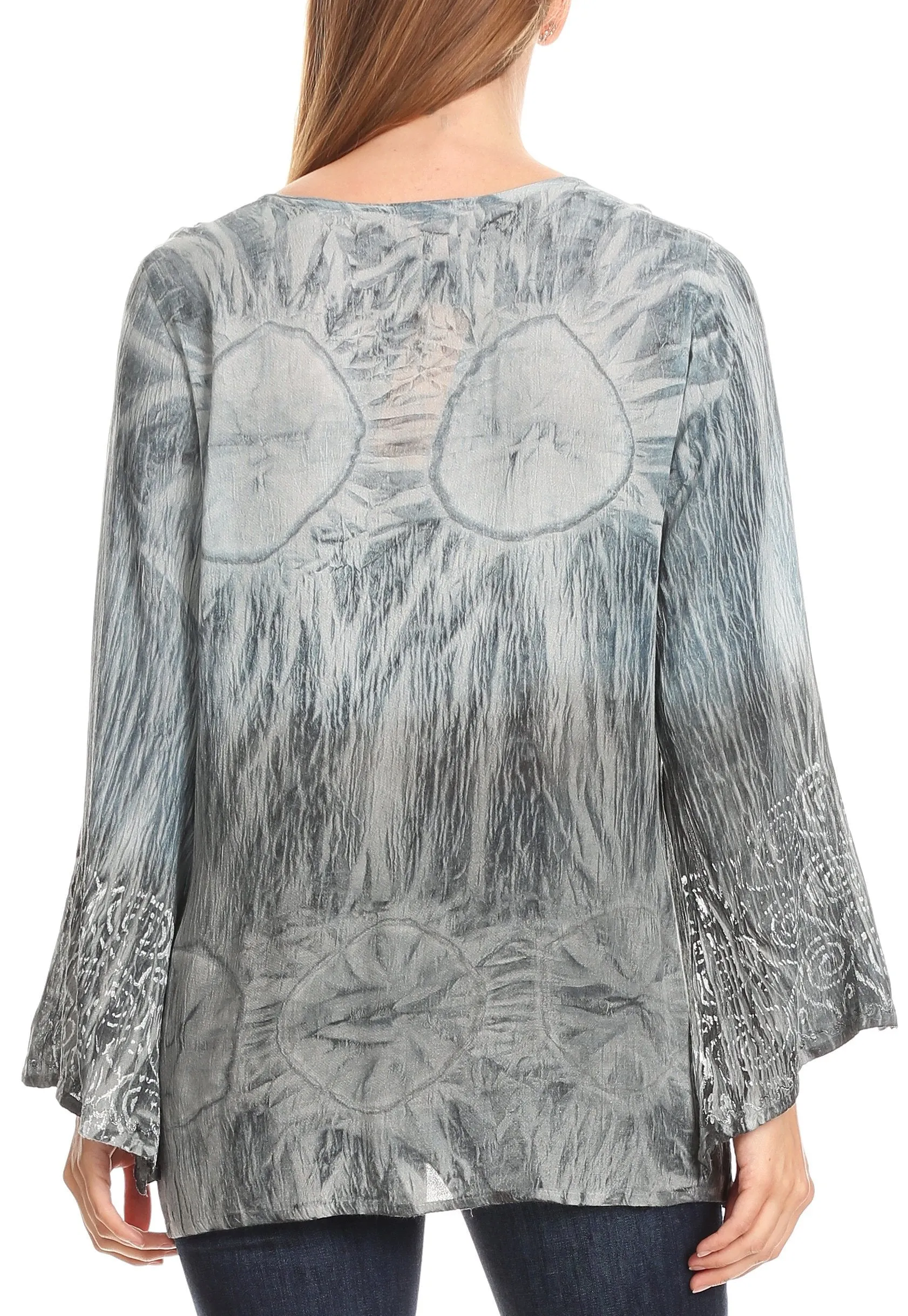 Sakkas Janel Long Bell Sleeve Tie Dye Blouse with Sequins and Embroidery