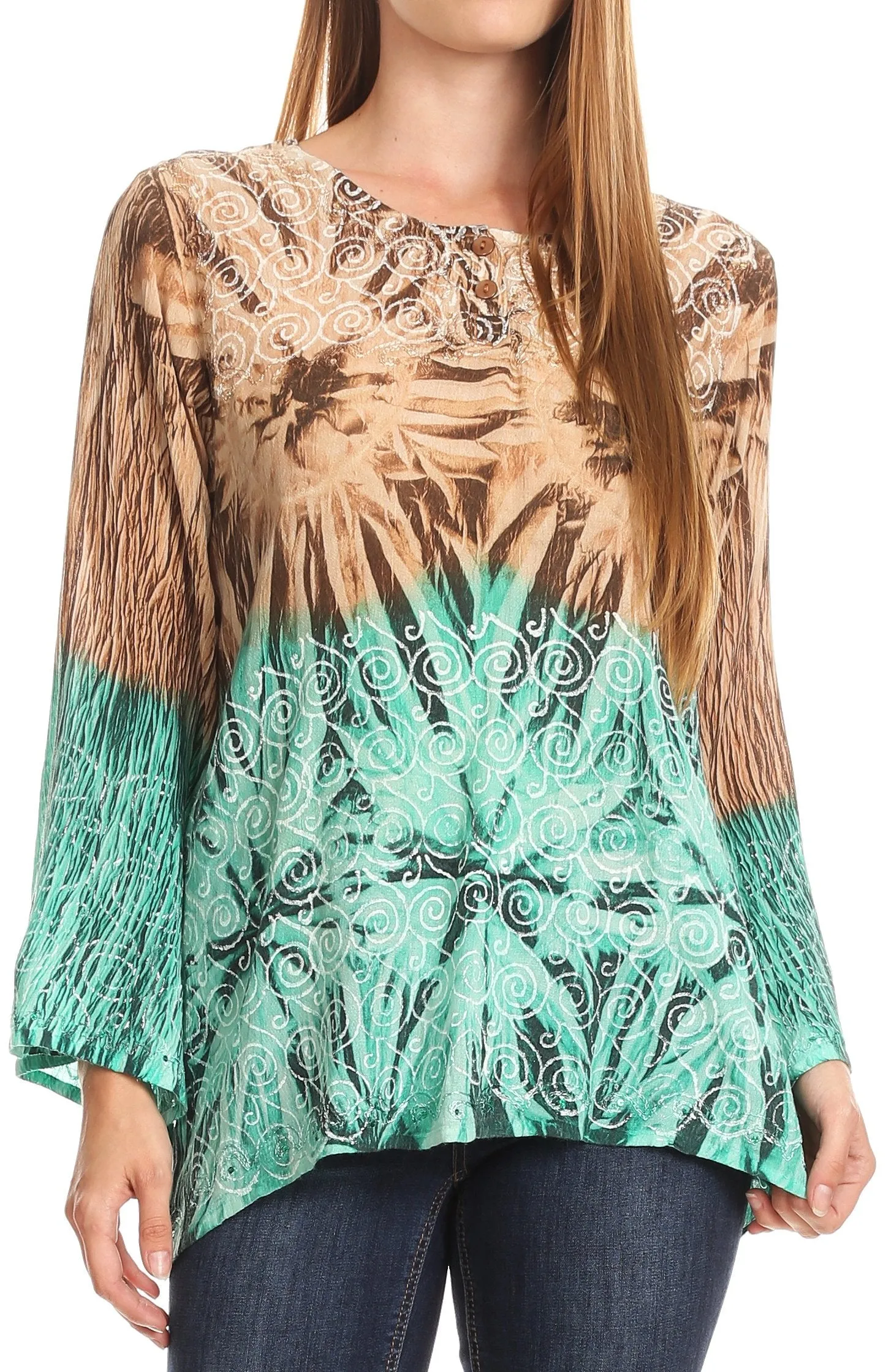 Sakkas Janel Long Bell Sleeve Tie Dye Blouse with Sequins and Embroidery