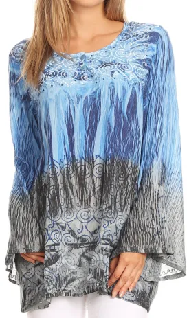 Sakkas Janel Long Bell Sleeve Tie Dye Blouse with Sequins and Embroidery