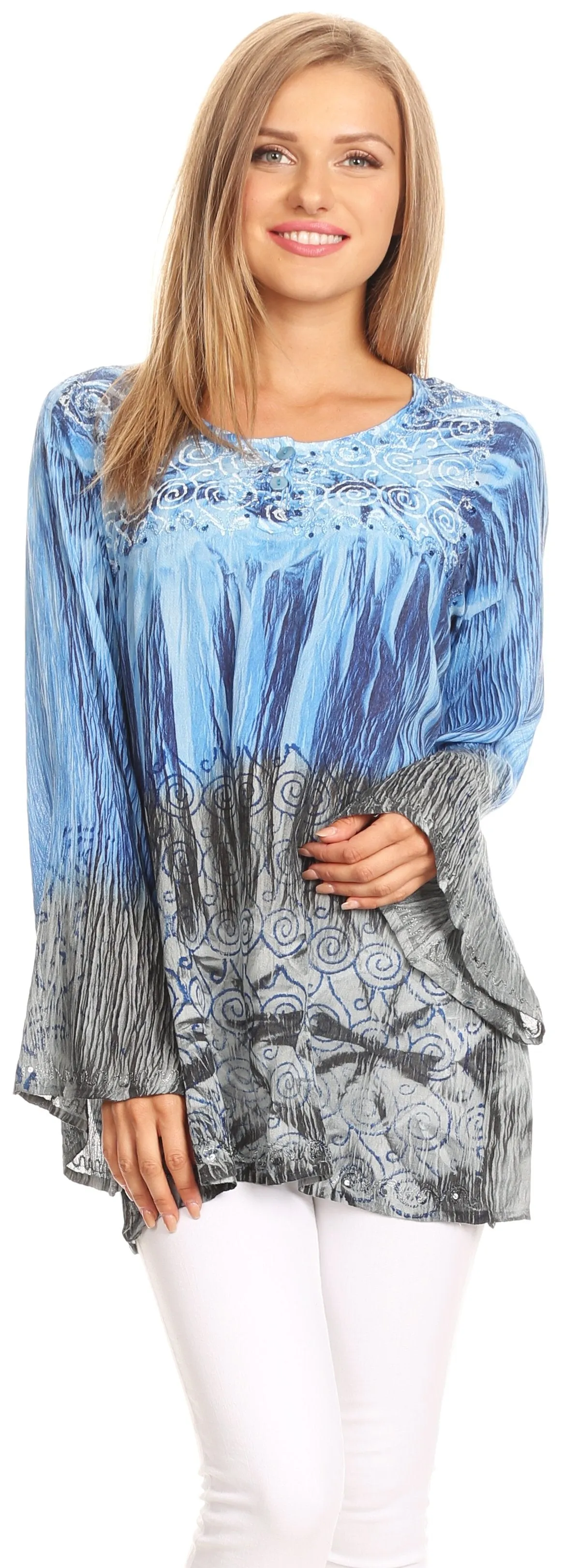 Sakkas Janel Long Bell Sleeve Tie Dye Blouse with Sequins and Embroidery