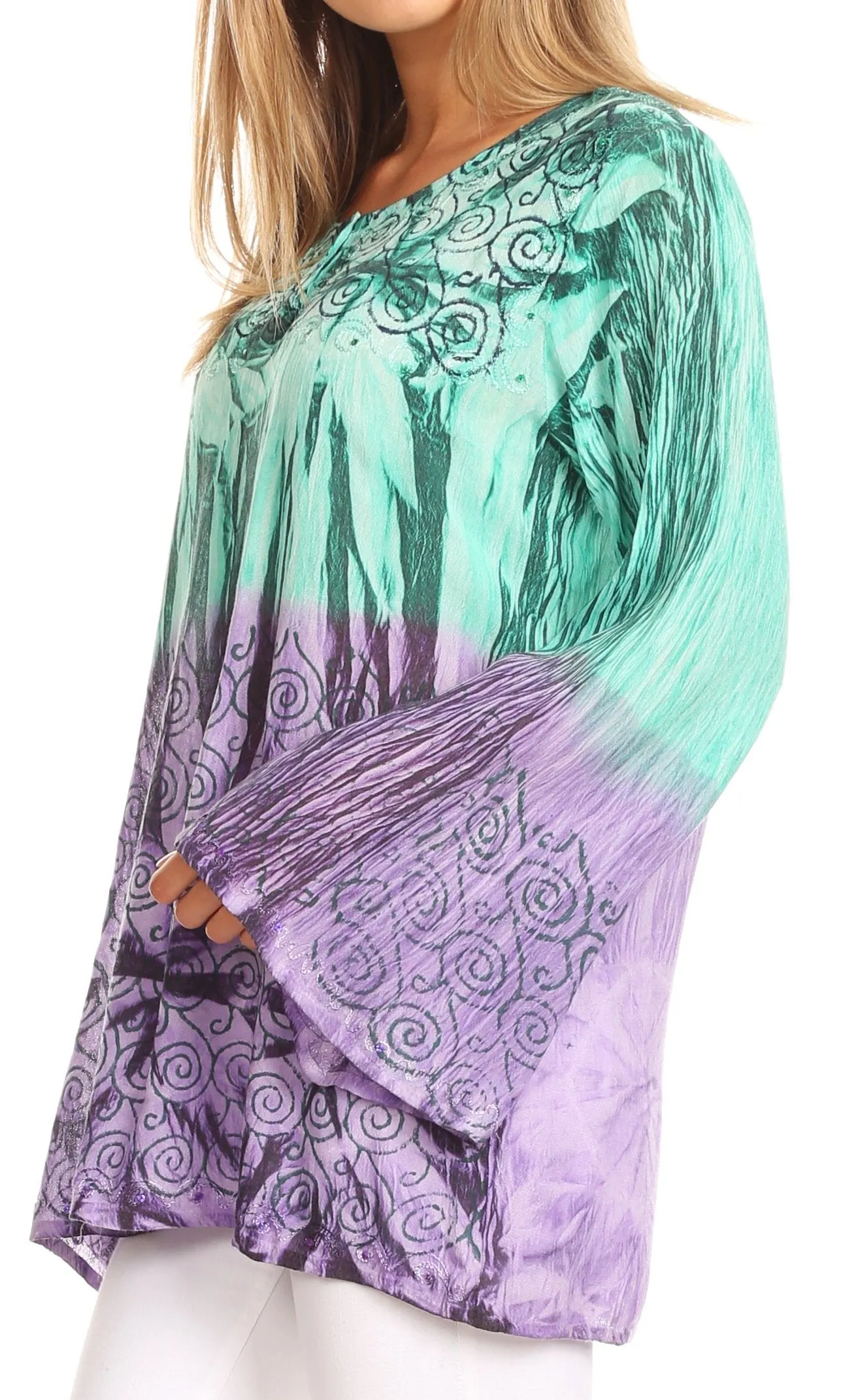 Sakkas Janel Long Bell Sleeve Tie Dye Blouse with Sequins and Embroidery