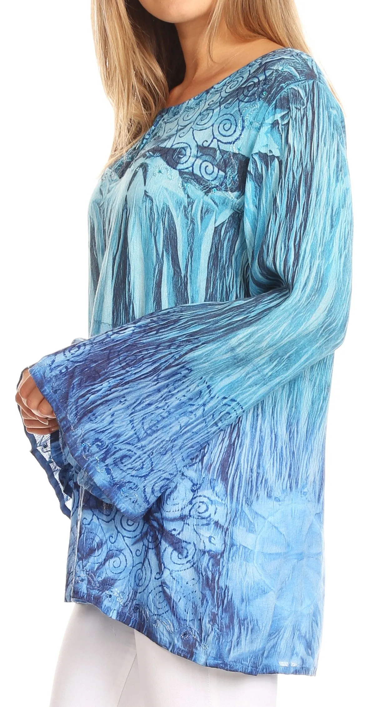 Sakkas Janel Long Bell Sleeve Tie Dye Blouse with Sequins and Embroidery