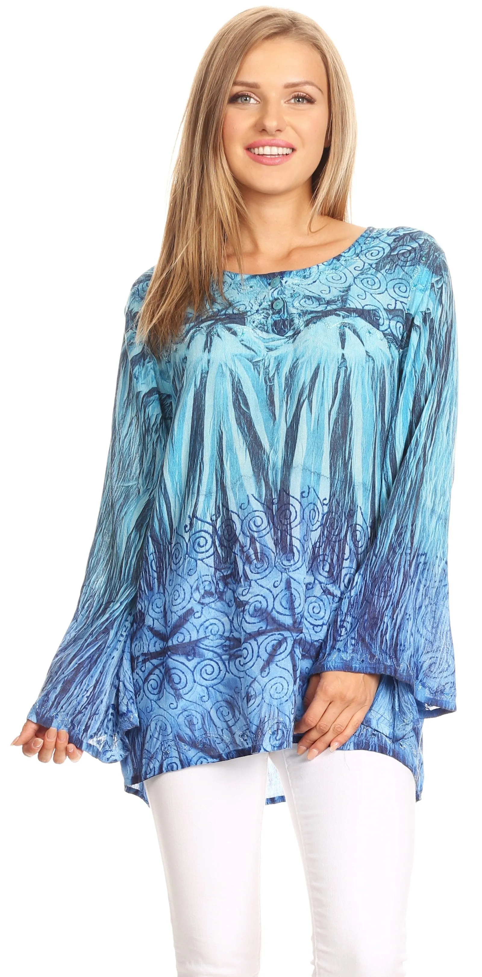 Sakkas Janel Long Bell Sleeve Tie Dye Blouse with Sequins and Embroidery