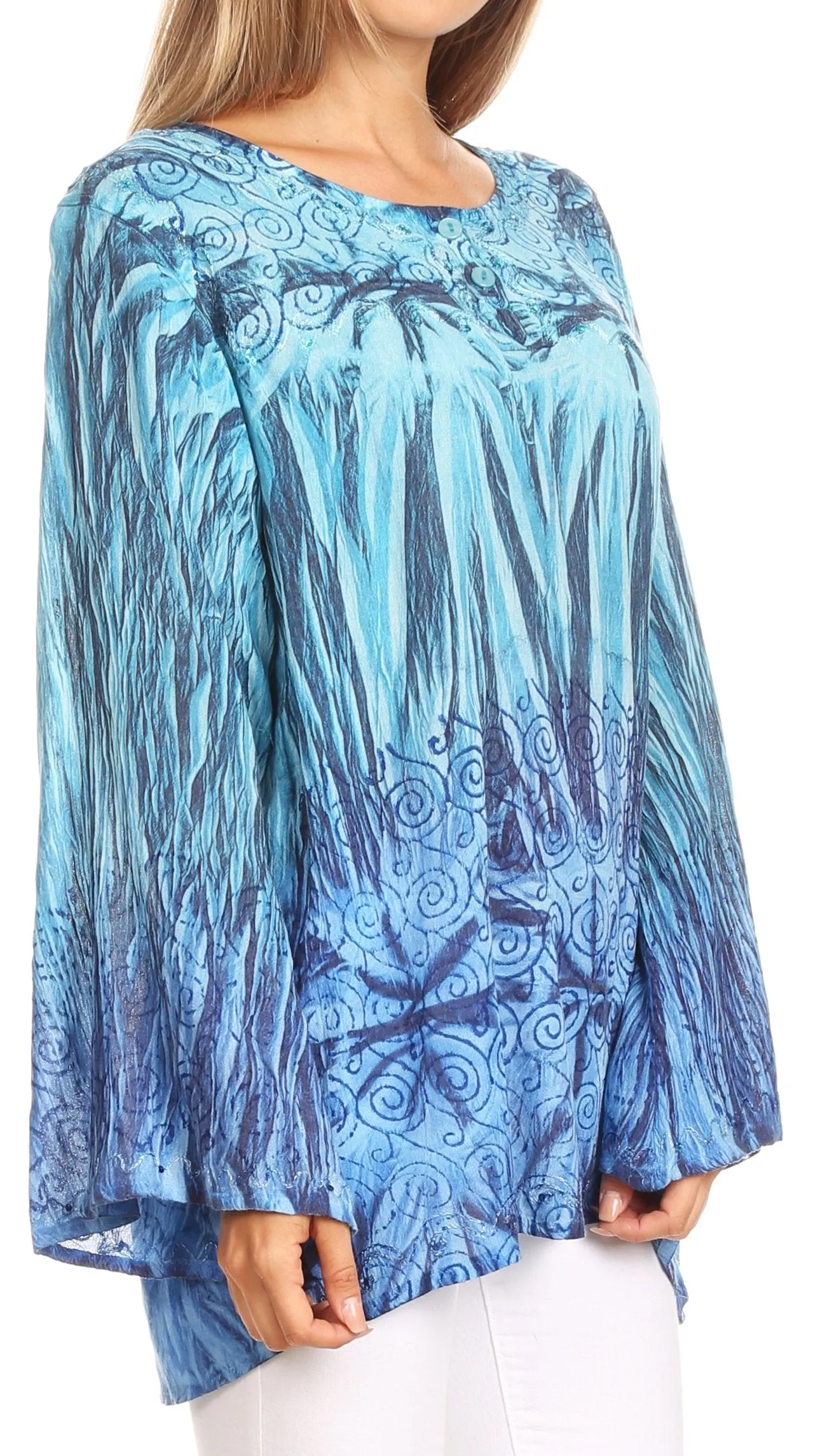 Sakkas Janel Long Bell Sleeve Tie Dye Blouse with Sequins and Embroidery