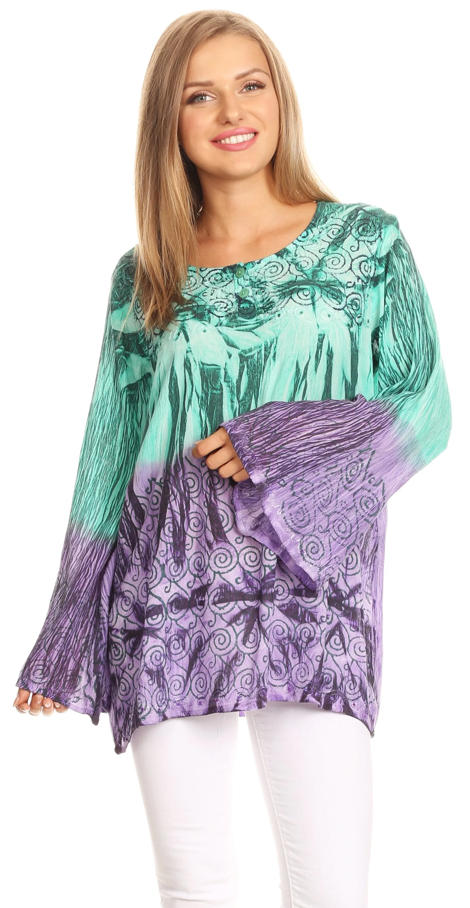 Sakkas Janel Long Bell Sleeve Tie Dye Blouse with Sequins and Embroidery