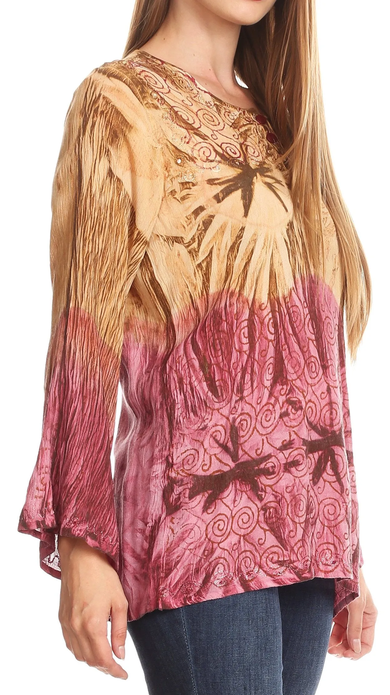 Sakkas Janel Long Bell Sleeve Tie Dye Blouse with Sequins and Embroidery