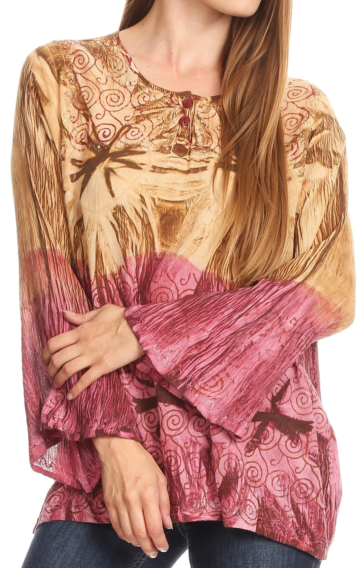 Sakkas Janel Long Bell Sleeve Tie Dye Blouse with Sequins and Embroidery