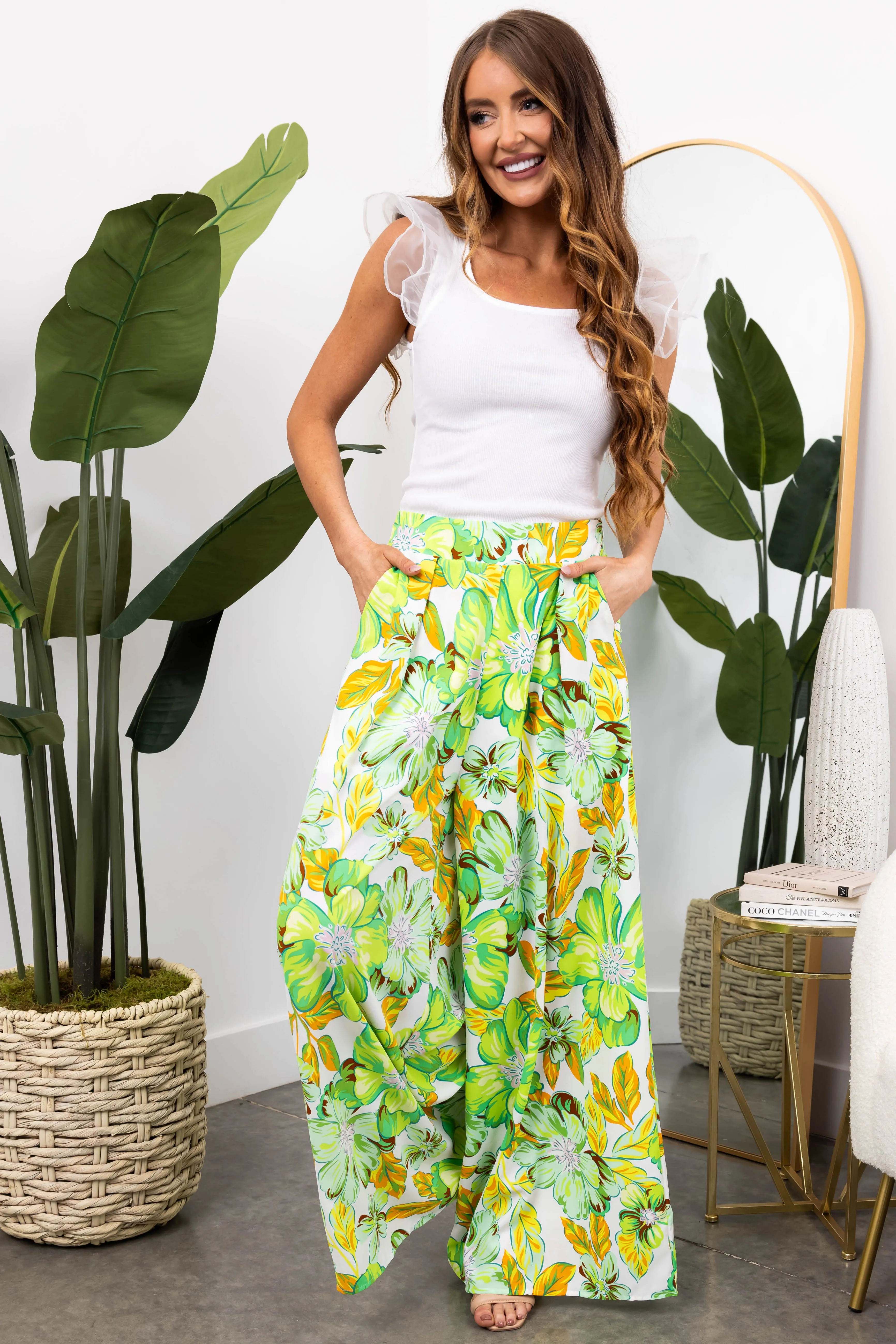 She Sky Lime Floral Print Wide Leg Flowy Pants
