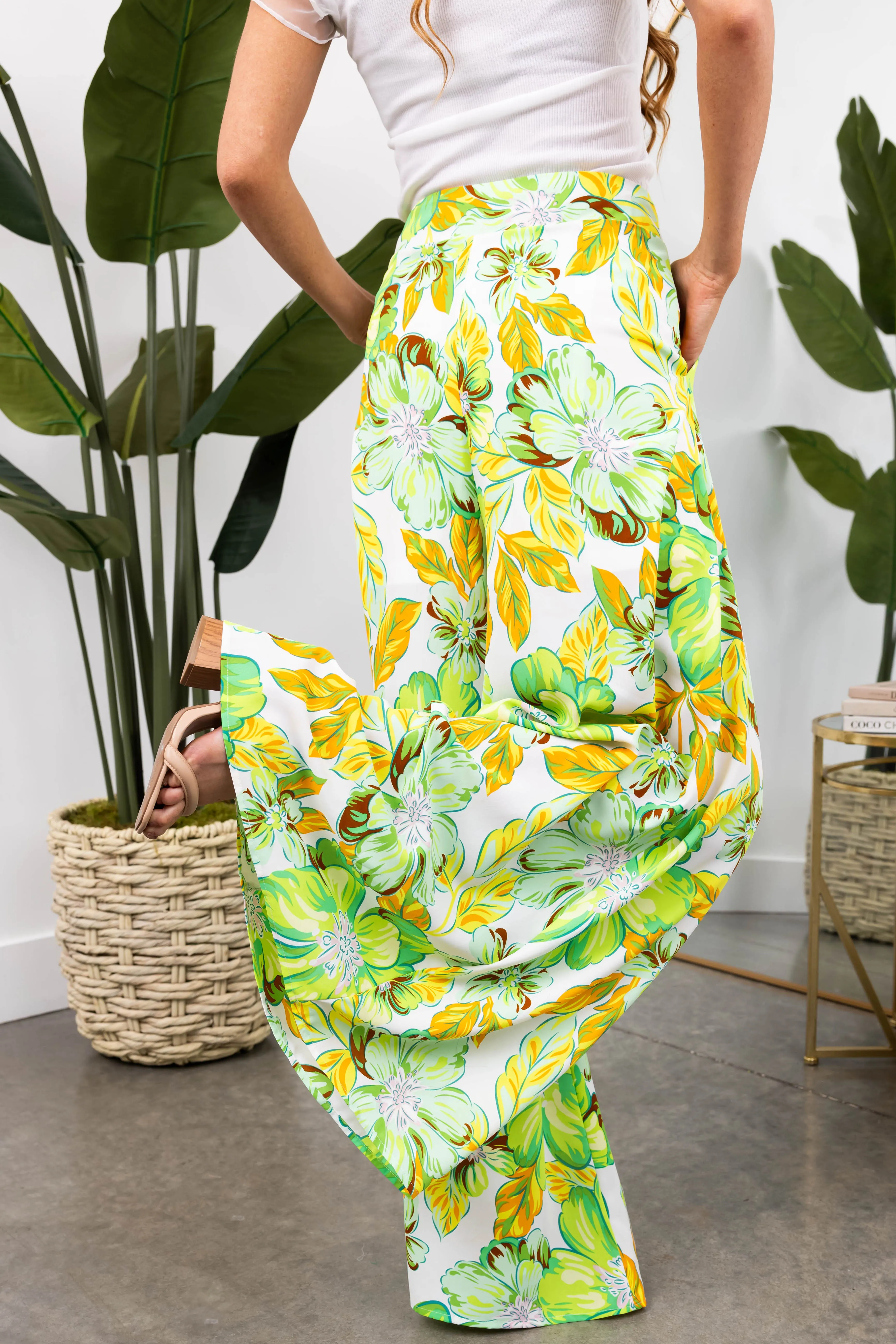 She Sky Lime Floral Print Wide Leg Flowy Pants