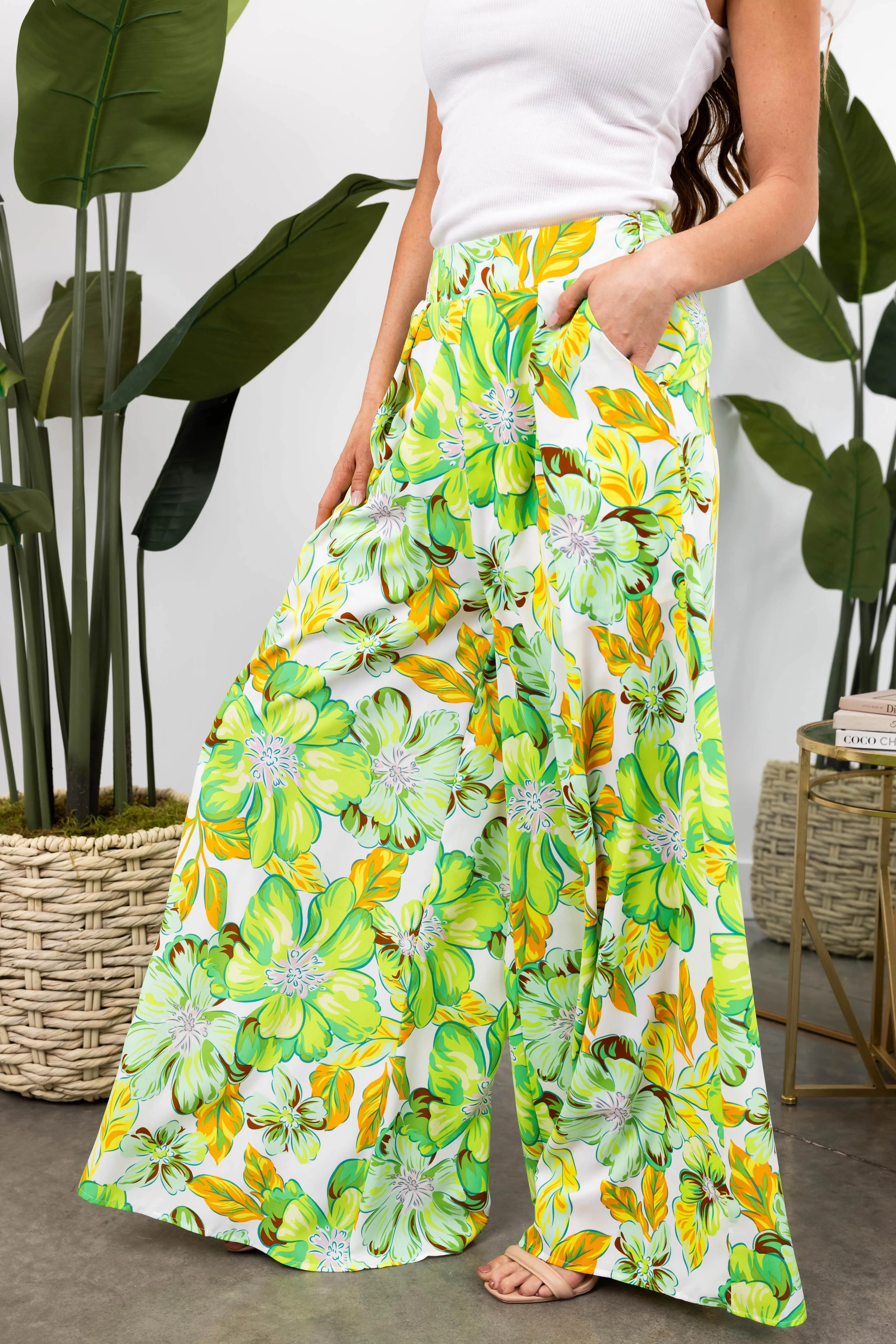 She Sky Lime Floral Print Wide Leg Flowy Pants