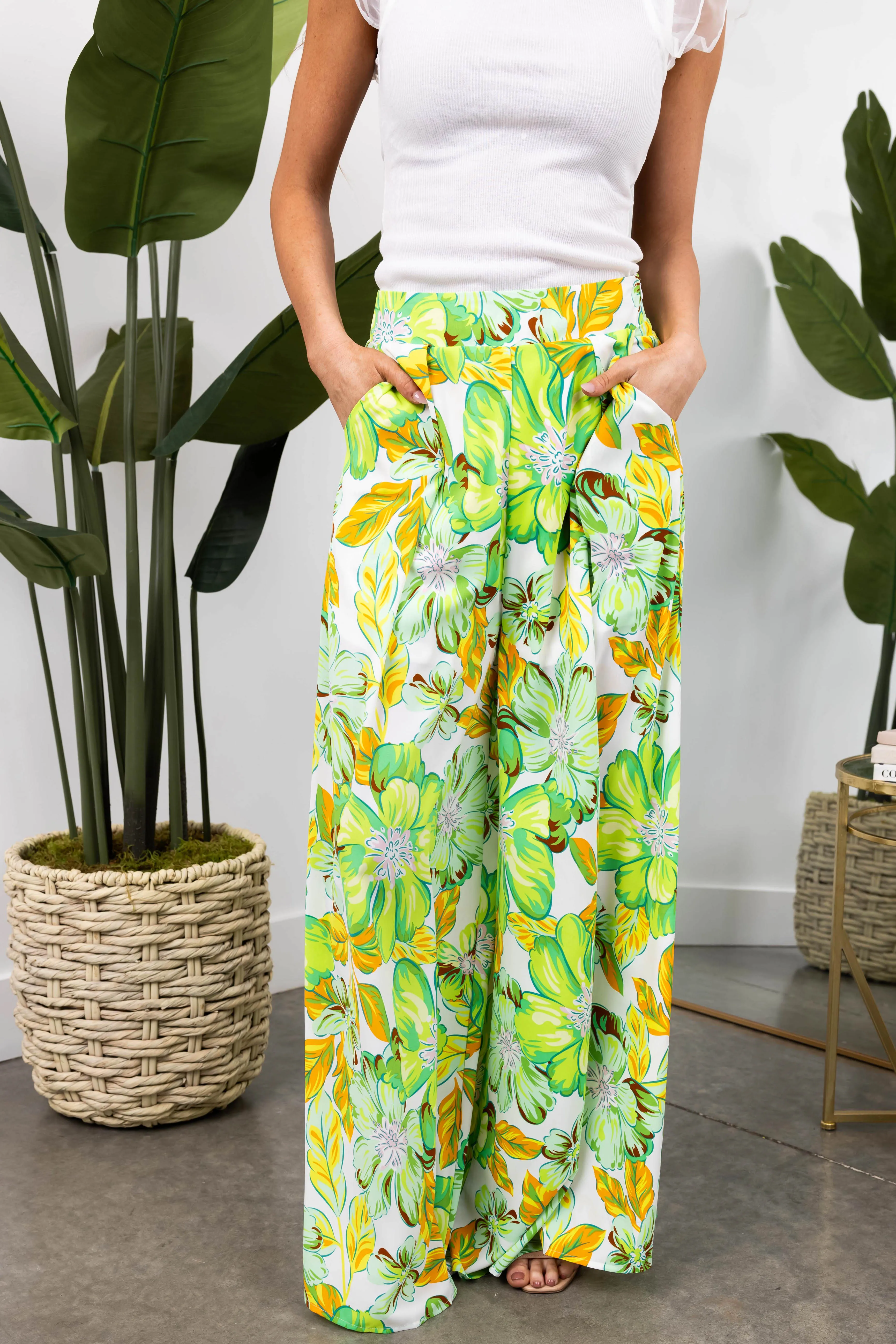 She Sky Lime Floral Print Wide Leg Flowy Pants