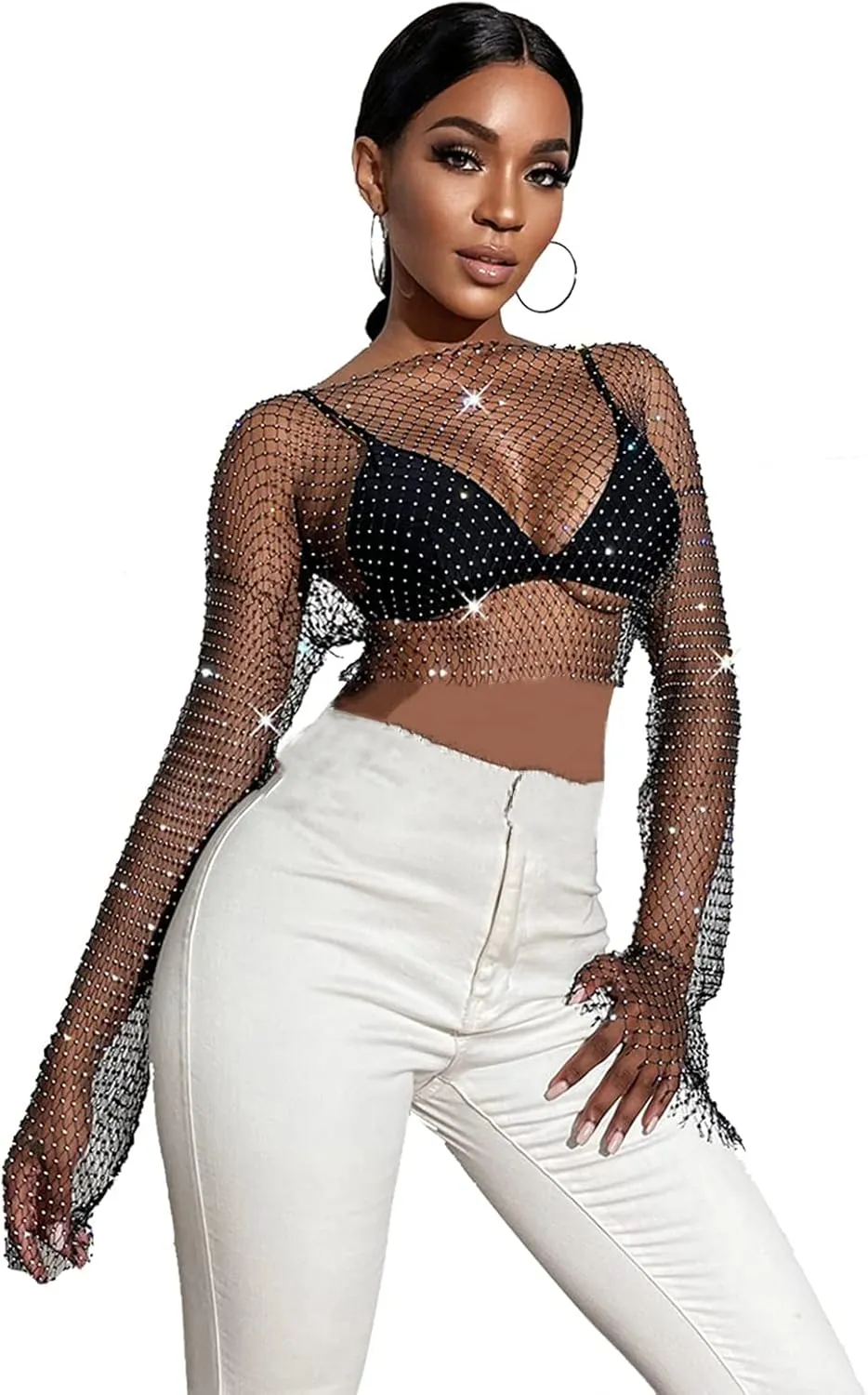Sheer Long Sleeve Tops for Women Plus Size Tight Rhinestone See Through Mesh Crop Top Off Shoulder V Neck