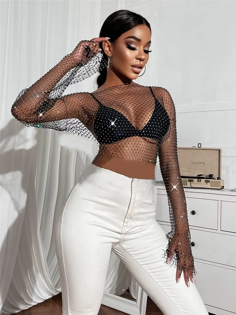 Sheer Long Sleeve Tops for Women Plus Size Tight Rhinestone See Through Mesh Crop Top Off Shoulder V Neck