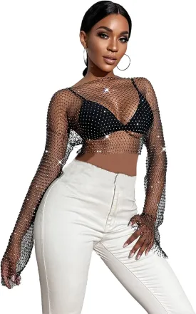 Sheer Long Sleeve Tops for Women Plus Size Tight Rhinestone See Through Mesh Crop Top Off Shoulder V Neck