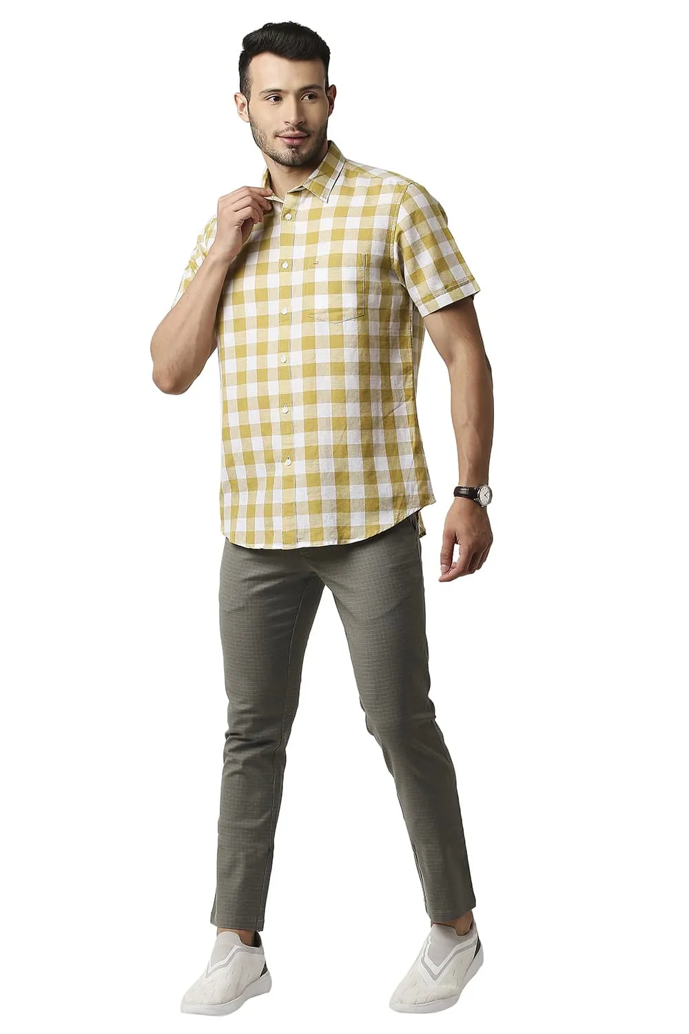 Slim Fit Cotton Linen Checks Halfsleeves Shirt