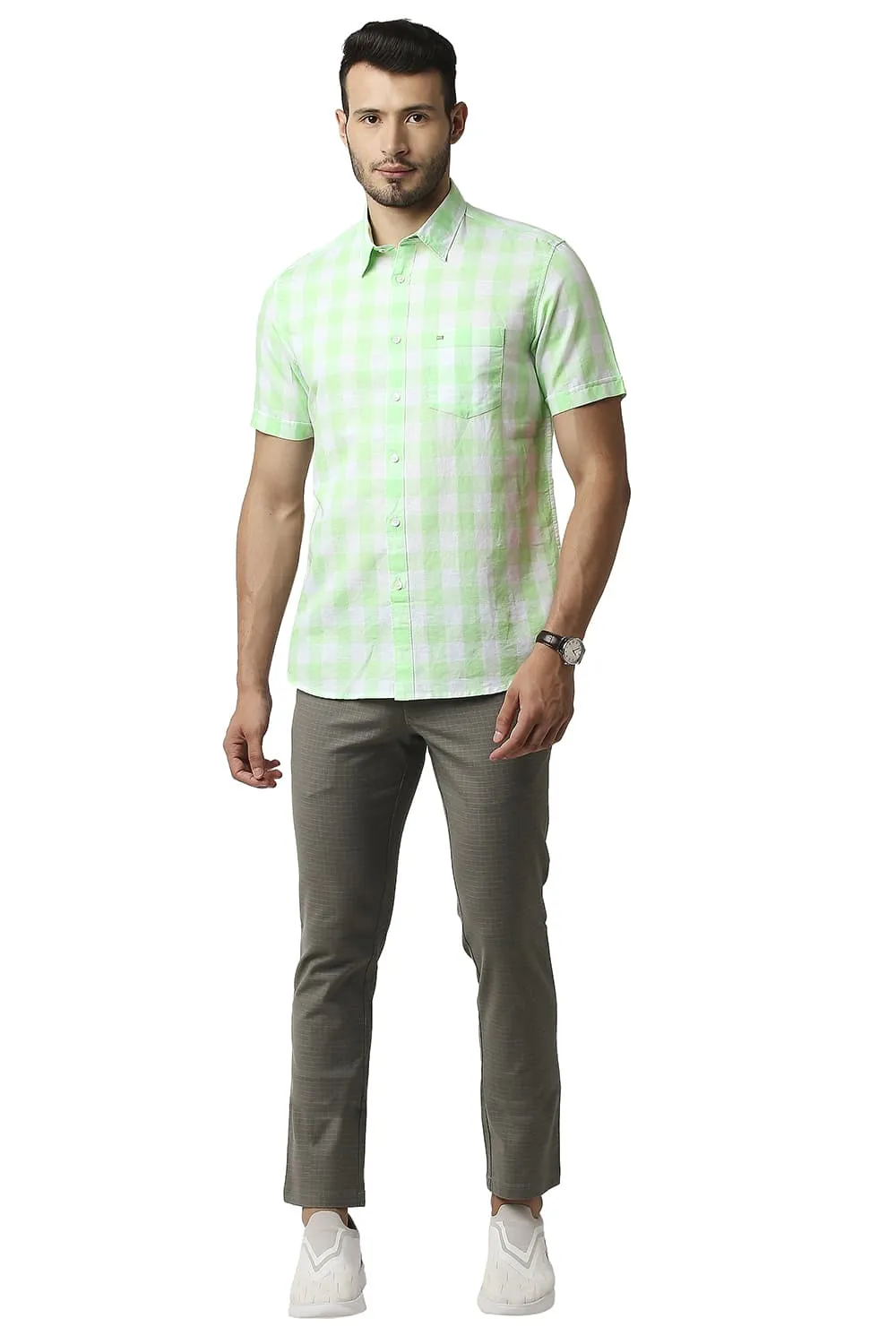 Slim Fit Cotton Linen Checks Halfsleeves Shirt