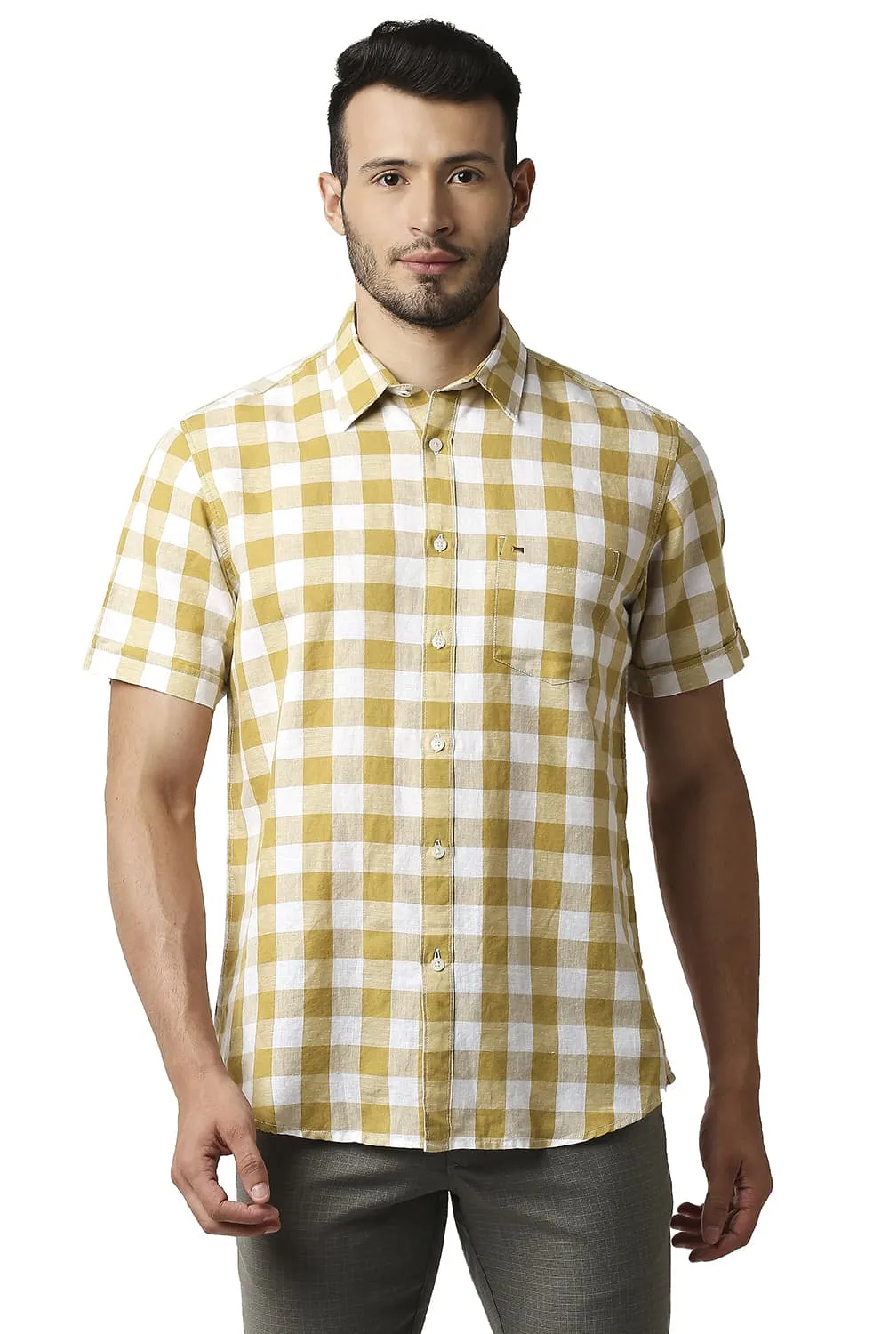 Slim Fit Cotton Linen Checks Halfsleeves Shirt
