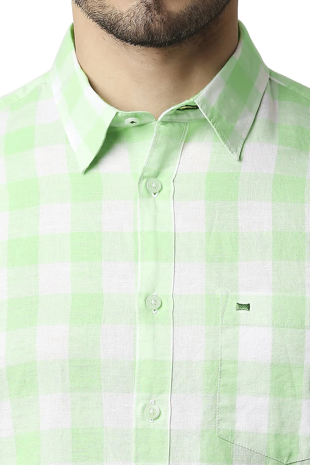 Slim Fit Cotton Linen Checks Halfsleeves Shirt