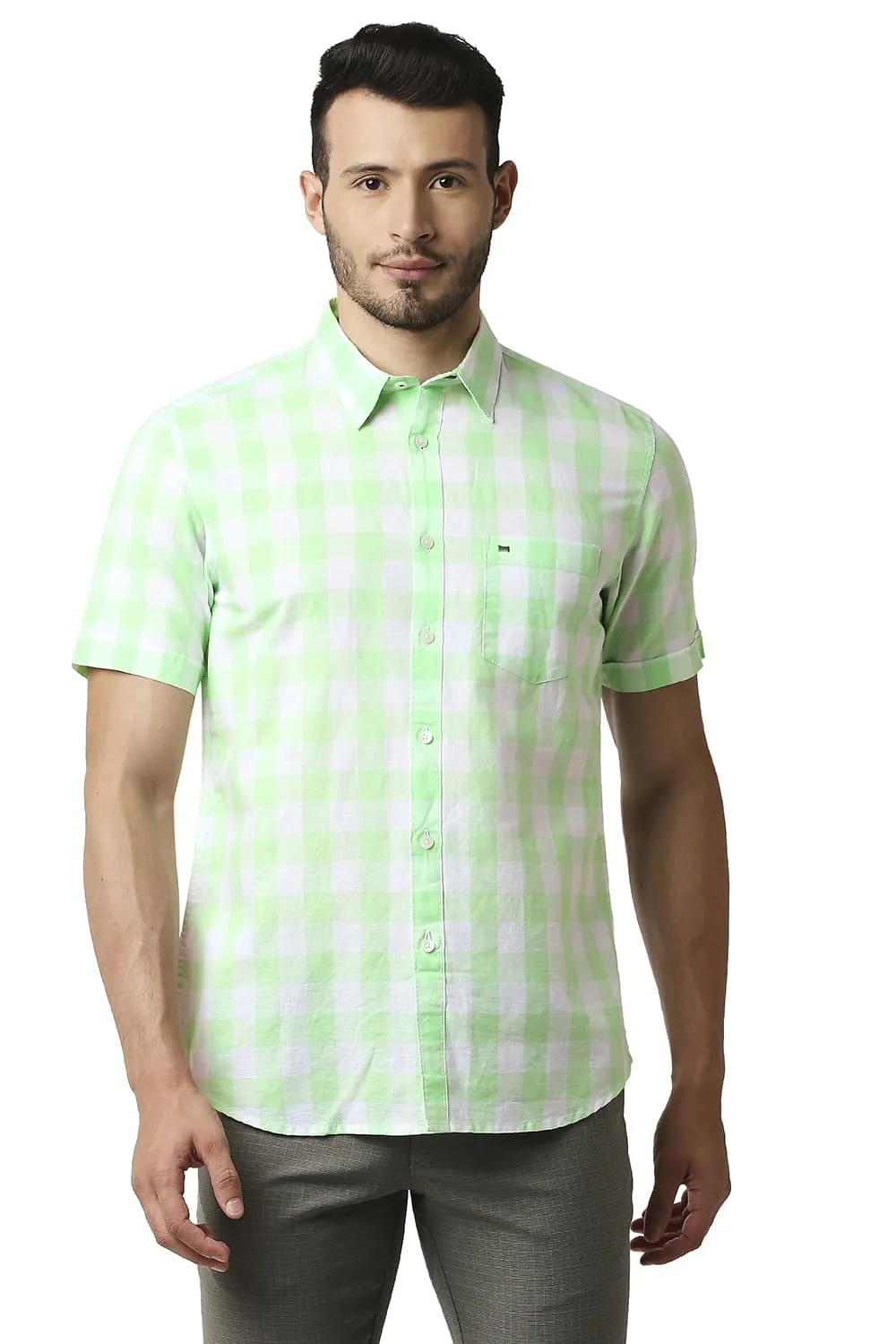 Slim Fit Cotton Linen Checks Halfsleeves Shirt