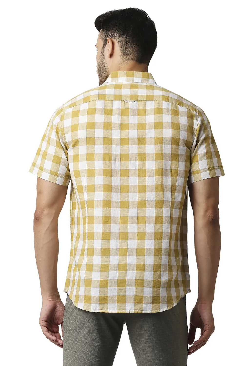 Slim Fit Cotton Linen Checks Halfsleeves Shirt