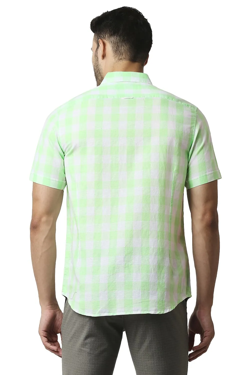 Slim Fit Cotton Linen Checks Halfsleeves Shirt