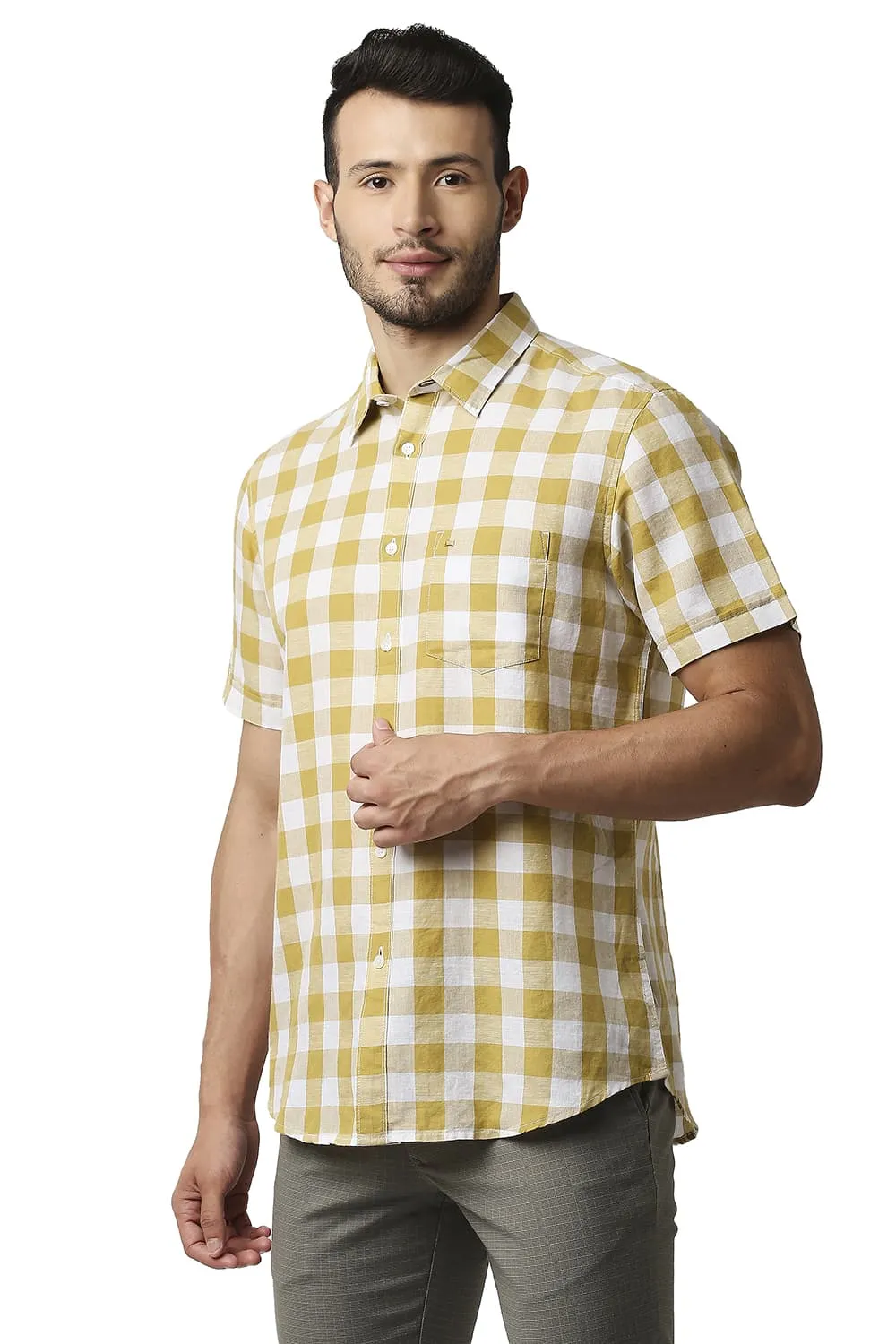 Slim Fit Cotton Linen Checks Halfsleeves Shirt