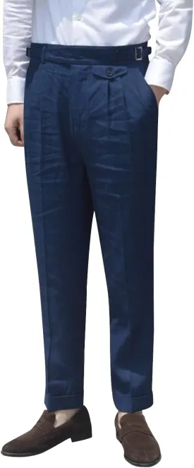Snoly Men's Summer Retro Lightweight Linen Gurkha Trousers Tapered Leg Straight Flat Front Chino Pant