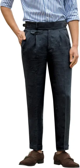 Snoly Men's Summer Retro Lightweight Linen Gurkha Trousers Tapered Leg Straight Flat Front Chino Pant