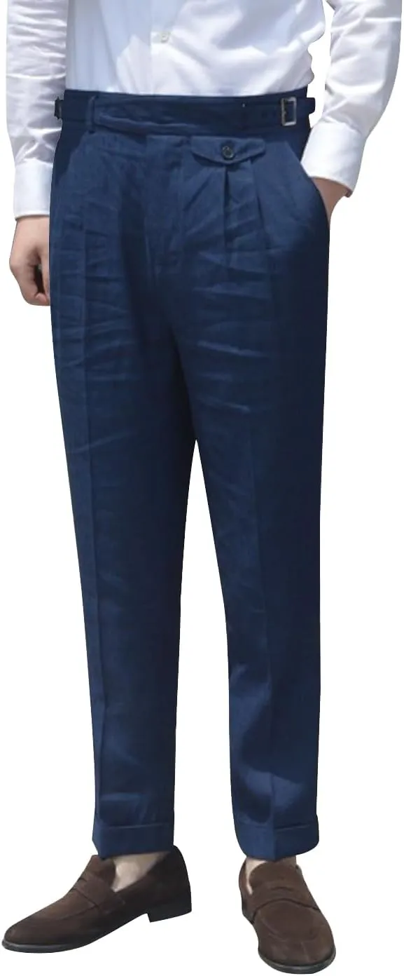 Snoly Men's Summer Retro Lightweight Linen Gurkha Trousers Tapered Leg Straight Flat Front Chino Pant