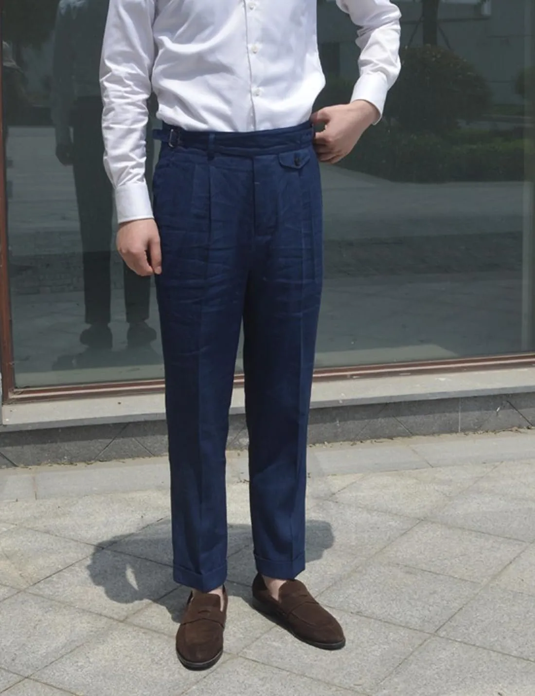 Snoly Men's Summer Retro Lightweight Linen Gurkha Trousers Tapered Leg Straight Flat Front Chino Pant