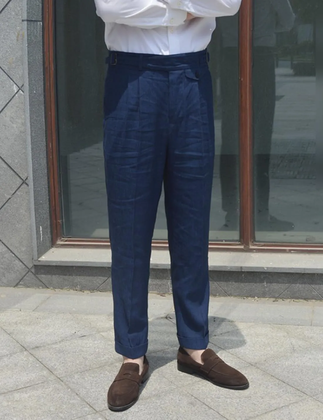 Snoly Men's Summer Retro Lightweight Linen Gurkha Trousers Tapered Leg Straight Flat Front Chino Pant
